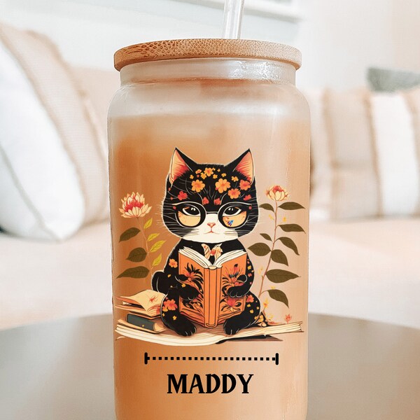 Personalized Name Cat Reading Book Glass Cup. Cute Kitty with Glasses, Customizable 16 oz Cup for Book Lovers, Cat Enthusiasts. Unique Gift