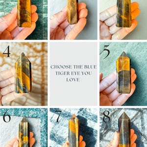 May include: A selection of blue tiger eye crystals, each with unique patterns of gold and brown. The crystals are polished into a pointed shape. The text in the image reads: "CHOOSE THE BLUE TIGER EYE YOU LOVE."