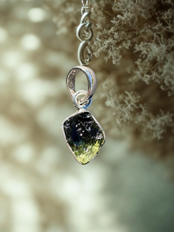 Genuine Moldavite Pendant in Sterling Silver 925 • Czech Republic Tektite Jewelry • Cosmic Green Crystal Necklace • Spiritual Gift for Her
