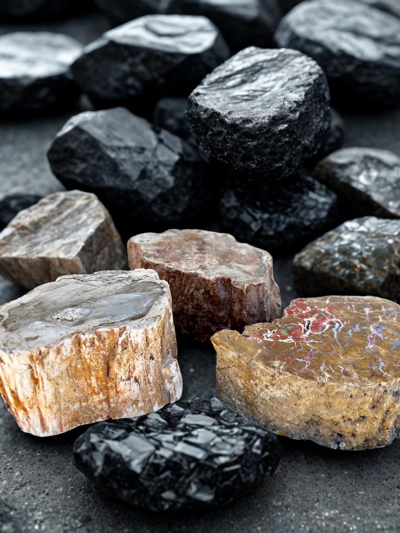 May include: A collection of various rocks and stones, showcasing a range of colors and textures. The image features dark gray, black, brown, and tan stones, some with visible patterns and crystalline structures. The stones are arranged on a dark surface.