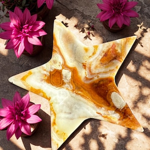 May include: A star-shaped decorative tray with a unique pattern of cream, brown, and orange swirls. The tray is surrounded by potted pink flowers. The tray's design and color palette create a natural, earthy aesthetic.
