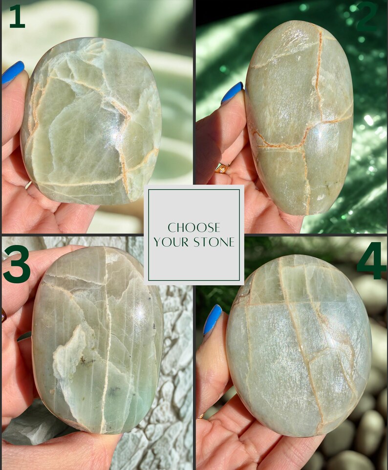 May include: Four polished, oval-shaped stones in shades of green and gray are displayed. Each stone has unique veining patterns. The image includes the text "CHOOSE YOUR STONE".