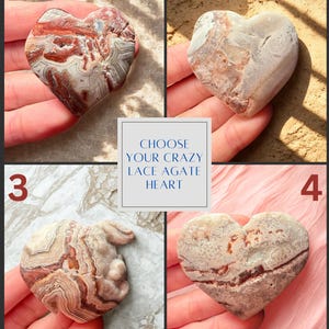 May include: Four heart-shaped Crazy Lace Agate stones, each with unique patterns of red, brown, and cream colors. The image includes the text "CHOOSE YOUR CRAZY LACE AGATE HEART". Each stone is held in a hand, showcasing the natural beauty of the gemstones.