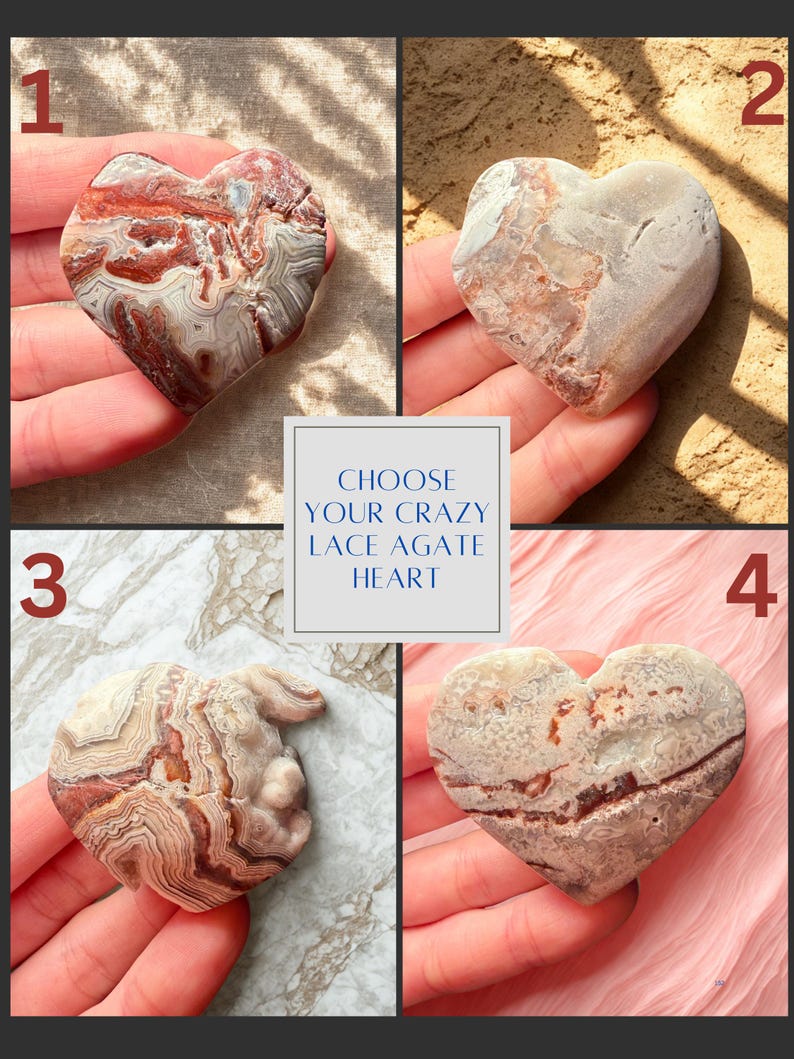 May include: Four heart-shaped Crazy Lace Agate stones, each with unique patterns of red, brown, and cream colors. The image includes the text "CHOOSE YOUR CRAZY LACE AGATE HEART". Each stone is held in a hand, showcasing the natural beauty of the gemstones.