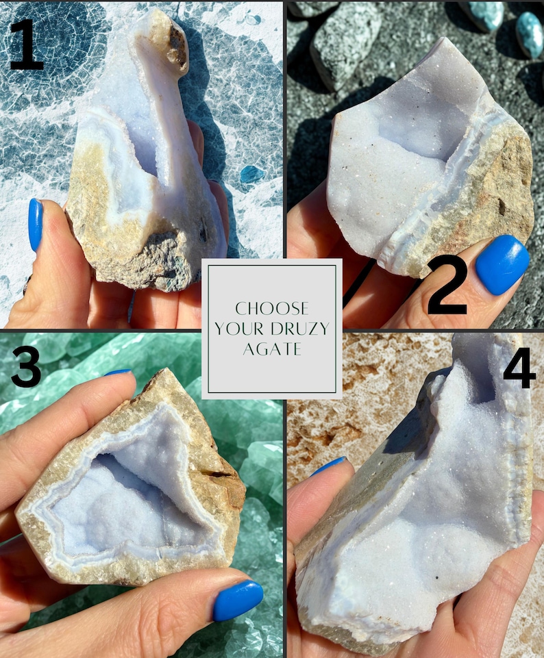 May include: Four pieces of raw, natural druzy agate in various shapes and sizes. The agate features a light blue and white crystalline interior, encased in a rough, beige-coloured exterior. The image includes the text "CHOOSE YOUR DRUZY AGATE".