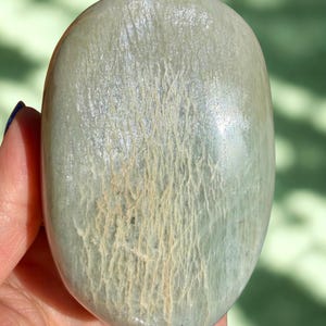May include: A smooth, oval-shaped stone with a pale green hue and a textured surface. The stone features light beige vein-like patterns across its surface. The stone is held in a hand, with a blurred green background.