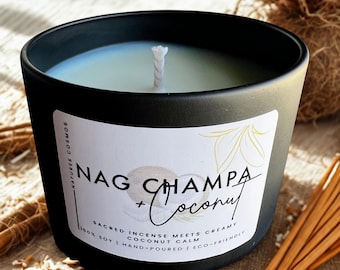 Nag Champa +  Coconut Natural Soy Candle – 100% Soy, Meditation & Yoga Candle, Boho Incense Scent, Hand Poured 4 oz candle, Gift Candle
