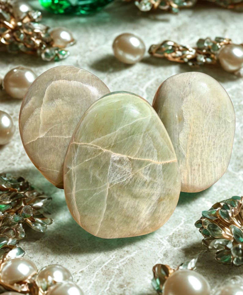 May include: Three polished, oval-shaped stones in shades of green and beige, with visible veining. The stones are arranged on a textured surface, surrounded by pearls and gold-toned jewelry with green accents.