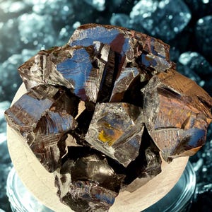 May include: A collection of dark, glossy obsidian chunks, with reflective surfaces, resting in a light-colored bowl. The obsidian pieces have sharp edges and varying sizes, showcasing a natural, raw aesthetic. The background features blurred, dark elements.