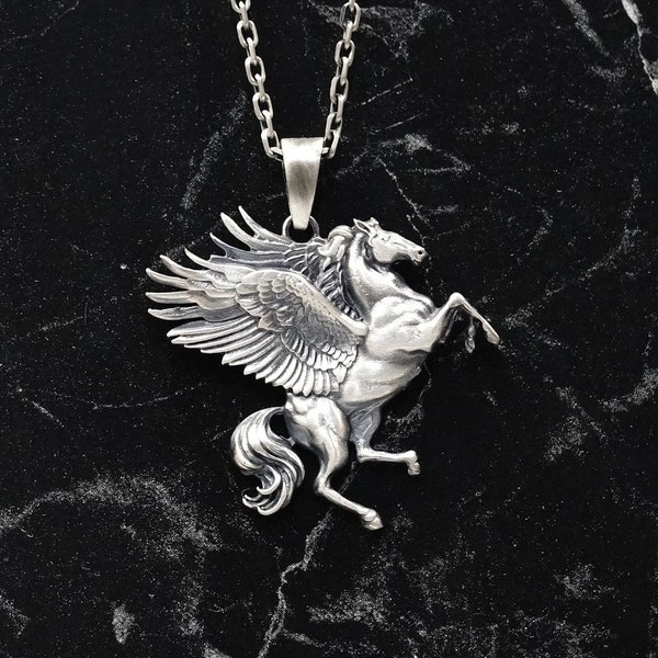 Flying Winged Horse Necklace Sterling Silver, Horse Head Necklace, Animal Jewelry, Divine Horse Necklace, Unisex Necklace, Pegasus Necklace