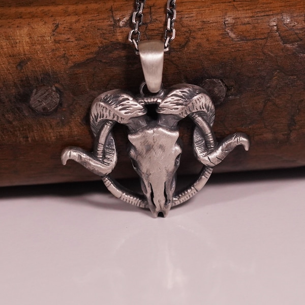 Ram Head Necklace in Sterling Silver, Handmade Oxidized Silver Ram Pendant, Silver Aries Necklace, Animal Jewelry,Valentines