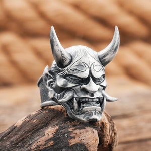 Oni Ring-Handmade Silver Ring - Monster Yokai-Demon-Japanese Ring-Evil Spirit Japanese Samurai Mask Jewelry - Gift Jewelry,Valentines