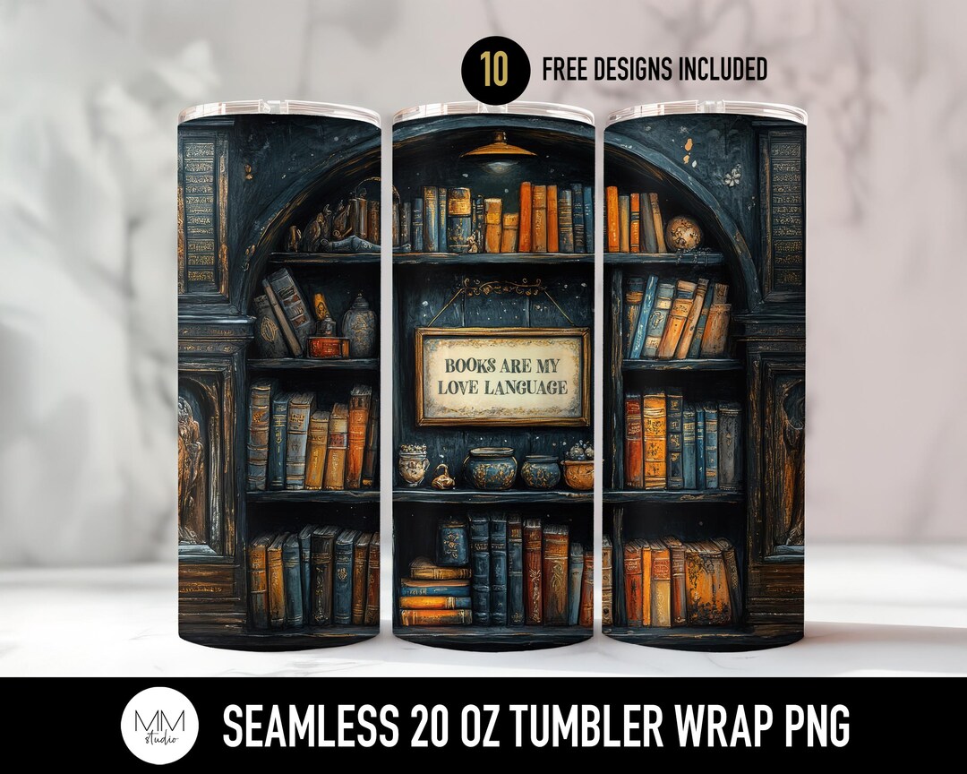 Book Lover Tumbler Wrap, Seamless Bookworm PNG for 20 Oz Tumbler ...