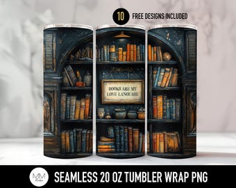 Envoltura para vaso para amantes de los libros, PNG sin costuras para sublimación de vasos de 20 oz, regalos de biblioteca, diseño de vaso para amantes de los libros, envoltura delgada y recta