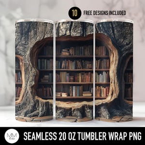 May include: A seamless 20 oz tumbler wrap design featuring a tree trunk with a bookshelf inside. The design is perfect for creating custom tumblers with a whimsical and literary theme.
