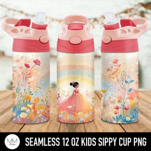 Księżniczka 12oz Flip Top Sippy Cup Tumbler Wrap PNG, Bezszwowy kwiatowy tęczowy PNG dla 12oz Kids Tumbler, Księżniczka Sublimacja Design dla Dziewczynek