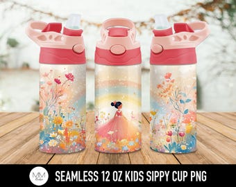 Princess 12oz Flip Top Sippy Cup Tumbler Wrap PNG, Seamless Floral Rainbow PNG for 12oz Kids Tumbler, Princess Sublimation Design for Girls