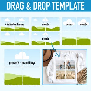 May include: A white sweatshirt with a collage of four photos of people on a beach. The photos are arranged in a grid pattern. The sweatshirt is on a light blue background.