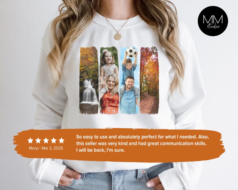 May include: White sweatshirt with a collage of four photos printed on the front. The photos show a family of four in a variety of settings, including a forest, a waterfall, and a park. The photos are arranged in a vertical strip down the center of the sweatshirt.