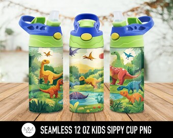 Dinosaurs 12oz Flip Top Sippy Cup Tumbler Wrap PNG, Seamless Dinosaur PNG for 12oz Kids Tumbler, Childrens Gender Neutral Sublimation Design