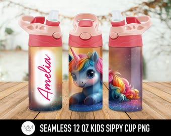 Vaso con tapa abatible de unicornio de 12 oz con diseño PNG, unicornio sin costuras con nombre PNG para vaso de 12 oz, diseño de sublimación para agregar tu nombre para niña