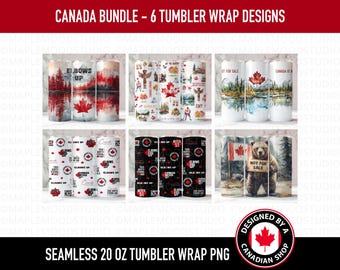 Paquete de 6 diseños de envolturas para vasos canadienses, paquete PNG de envolturas para vasos con codos hacia arriba, PNG canadiense sin costuras para sublimación de vasos rectos delgados de 20 oz