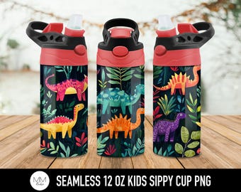 Vaso con tapa abatible de dinosaurios de 12 oz, PNG, sin costuras, diseño de sublimación para niños de 12 oz, diseño de dinosaurios sin costuras, para niños.