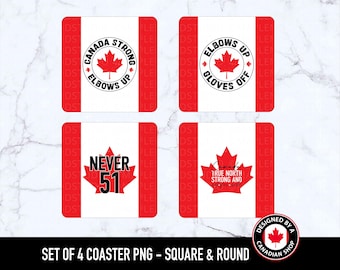 Juego de 4 posavasos "Elbows Up Canada" (PNG), diseños de posavasos "Patriótico Canadá, no se vende", bandera canadiense de la hoja de arce (PNG), sublimación Never 51 (PNG)