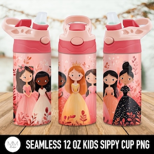 Princess 12oz Flip Top Sippy Cup Tumbler Wrap PNG, Pink Seamless Princess PNG for 12oz Kids Tumbler, Girly Sublimation Design for Children