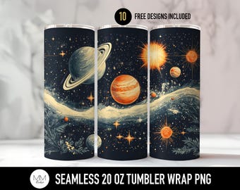 Envoltura para vaso con planetas y estrellas, PNG espacial sin costuras para sublimación de vaso de 20 oz, regalos de galaxia, diseño de envoltura delgada y recta del sistema solar