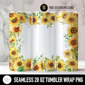 Peut inclure: Trois gobelets blancs de 591 ml avec un motif de tournesols sans couture. Le motif présente des tournesols jaunes avec des centres bruns et des feuilles vertes. Le texte "10 FREE DESIGNS INCLUDED" est en haut. Le bas de l'image indique "SEAMLESS 20 OZ TUMBLER WRAP PNG".