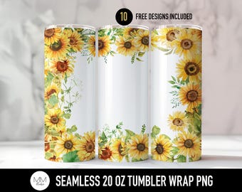 Envoltura para vaso de girasol con tu nombre, borde de girasol sin costuras PNG para sublimación de vaso de 20 oz, diseño floral personalizado, delgado y recto.