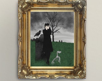 Haunted Girl Print | Cemetery Goth Woman Gothic Dark Academia Crow Skeleton Dog Ghost Raven Dark Horror Spooky Alternative Poster Decor