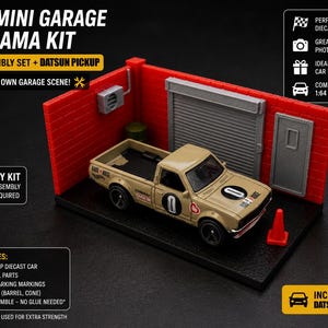 May include: A 1:64 scale mini garage diorama kit with a Datsun pickup truck. The kit includes a red brick wall, garage door, and accessories. The text on the image says "DIY Assembly Set" and "Build Your Own Garage Scene!"