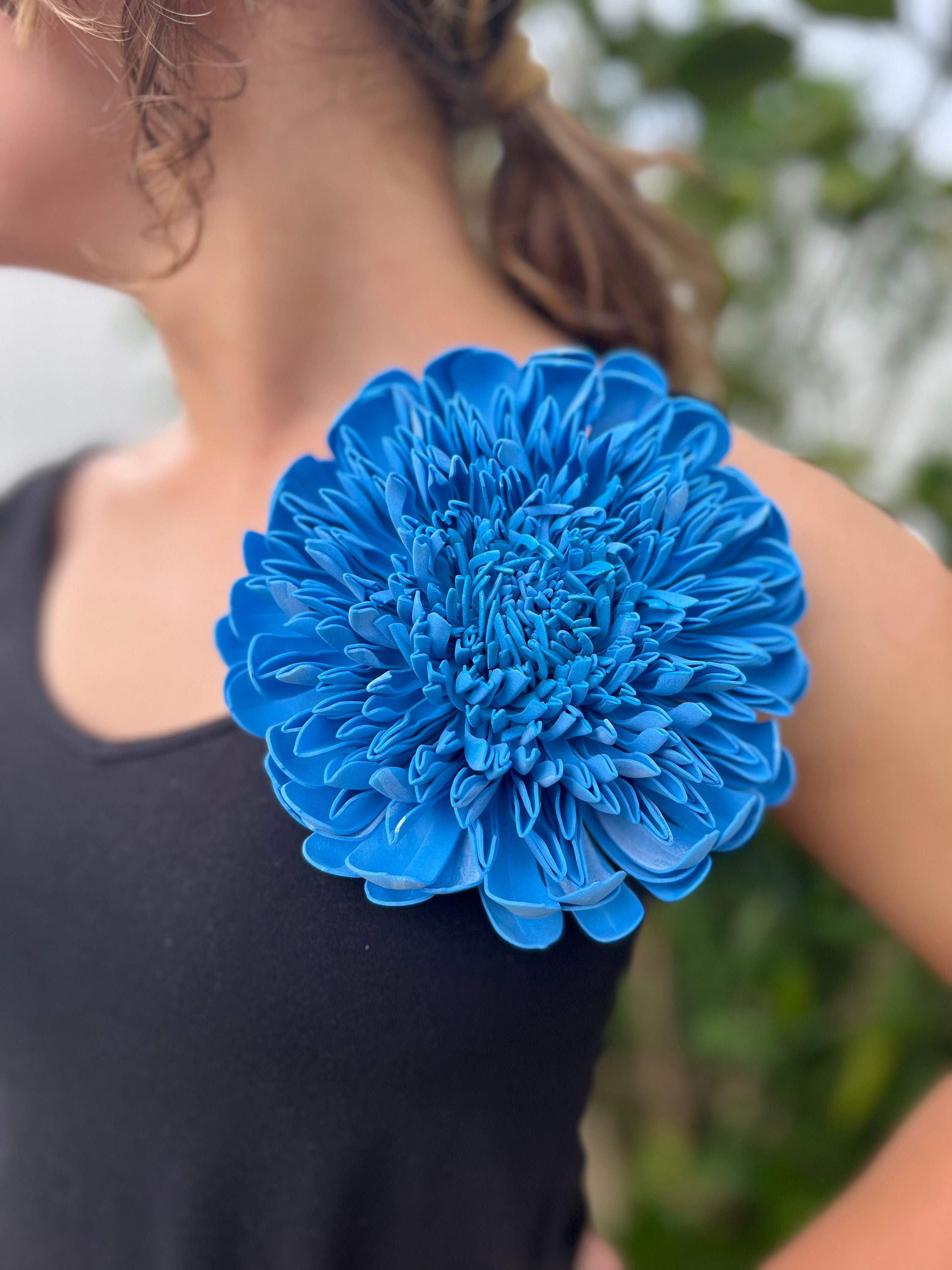 Large Blue Chrysanthemum Brooch Pin