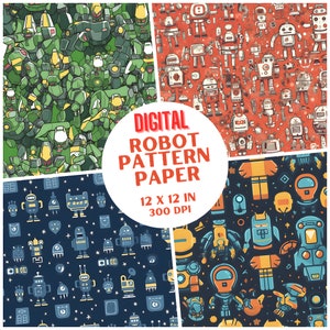 Robots and Mechs SEAMLESS Patterns - Colorful Digital Paper - 4 Designs - 12x12in - Commercial Use - Seamless Fun Digital Paper