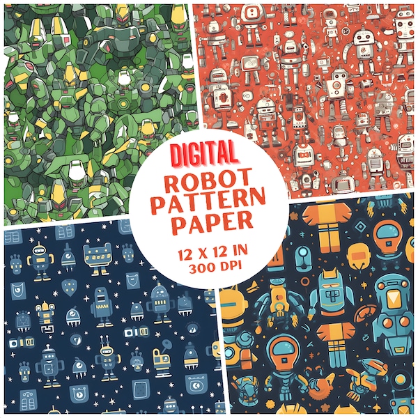 Robots and Mechs SEAMLESS Patterns - Colorful Digital Paper - 4 Designs - 12x12in - Commercial Use - Seamless Fun Digital Paper