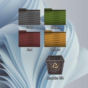 May include: Four folders in different colours: grey, green, red, and yellow. Each folder has a wood-grain texture. Below the folders is a grey wicker recycle bin with a recycle symbol.