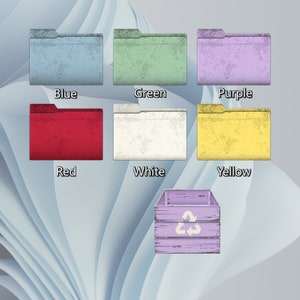 May include: Six colorful folders with labels: Blue, Green, Purple, Red, White, and Yellow. A purple wooden recycling bin with a white recycling symbol.