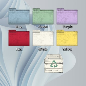 May include: Six colorful folders with a recycle bin in the center. The folders are labeled blue, green, purple, red, white, and yellow. The recycle bin is made of wood and has a green recycle symbol on it.