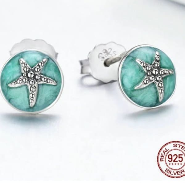 New Petite Beachy 925 Sterling Silver Enamel Starfish Round Stud Earrings for Women and Girls.  Great for Beach Lovers.  Free USA Shipping