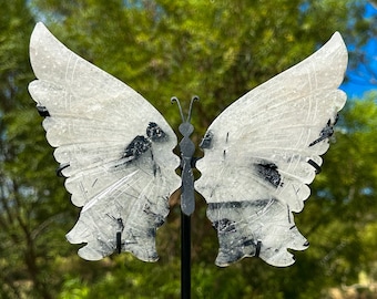 Stunning 12 Inch Quartz With Black Tourmaline Carved Butterfly Wings - Healing - Protection - Crystal