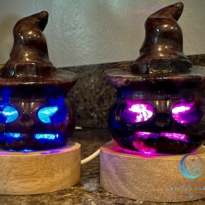 Cute Carved Garnet Jack-O-Lanterns with Witch Hats and Color Change light Stand.  Halloween - Decor - Healing - Crystal