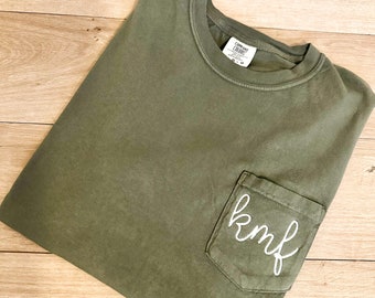 Embroidered MONOGRAMMED Pocket T-Shirt | Comfort Colors Vintage Dyed Pigment | Unisex Fit