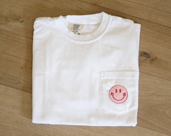 Embroidered MIDDLE FINGER SMILEY Pocket T-Shirt | Comfort Colors Vintage Dyed Pigment | Unisex Fit