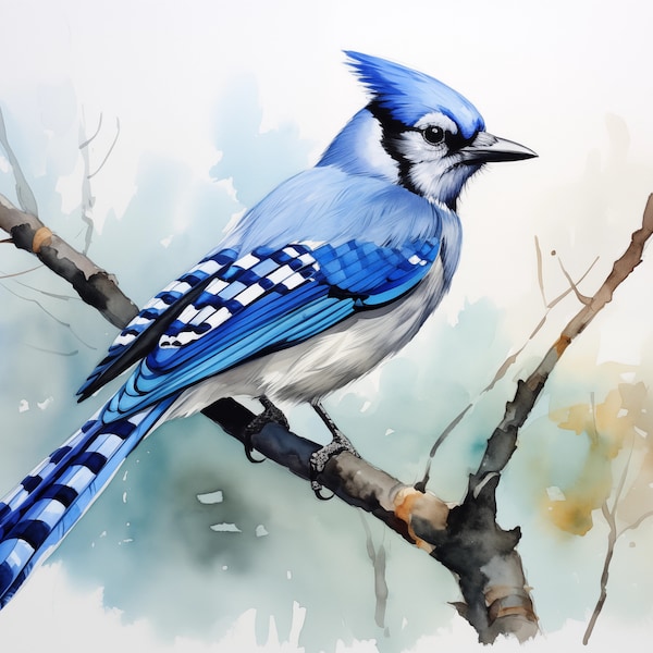 Bluejay Watercolor Painting - Digital Art Print on White Background - Beautiful - Elegant - Strong - Gift - Freedom - Power -