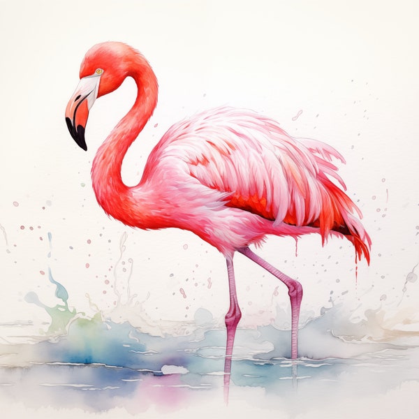 Flamingo Watercolor Painting - Digital Art Print on White Background – Pink – Wildlife – Elegant - Beautiful - gift - Legs -  cool