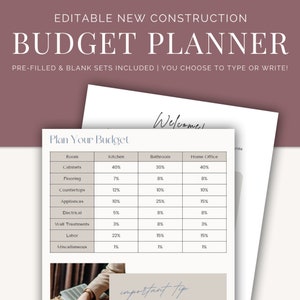 Könnte beinhalten: Ein druckbarer Budgetplaner für neue Bauprojekte. Die Tabelle listet Räume wie Küche, Badezimmer und Homeoffice auf und enthält eine prozentuale Aufschlüsselung für verschiedene Kategorien wie Schränke, Bodenbeläge, Arbeitsplatten, Geräte, Elektrik, Wandbehandlungen, Arbeitskräfte und Sonstiges.