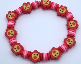 Red Flower Clay Bead Bracelet.