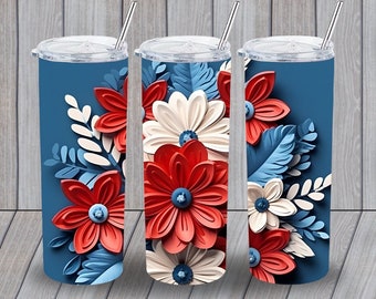 May include: Three stainless steel tumblers with lids and straws. Each tumbler features a different arrangement of red, white, and blue paper flowers on a blue background.